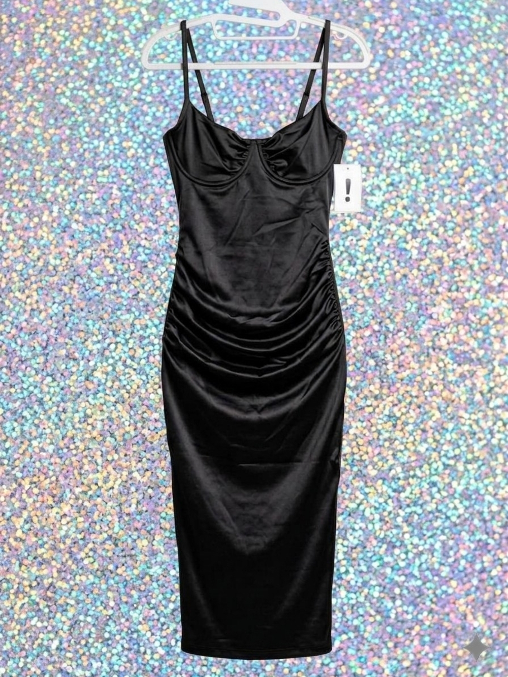 POPILUSH Sleek Black Satin Midi Slip Dress with Sculpted Bust